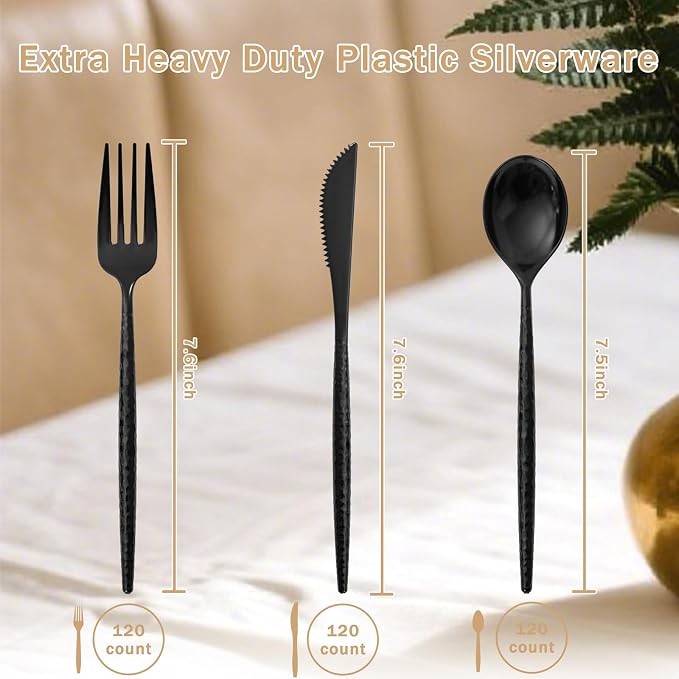 Supernal 360Pcs Hammered Black Plastic Silverware Heavy Duty Party Utensils | Extra Premium Disposable Cutlery Black Utensils Set Classy for upscale banquets Halloween Thanksgiving Christmas