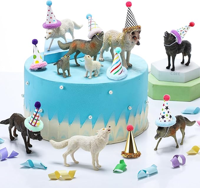 Colingmill 18 Pcs Wolf Miniature Birthday Hats & Figures Cake Toppers with Mini Hat for Birthday Party, Animal Themed Party