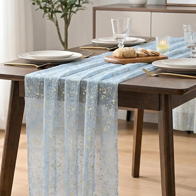 Artoid Mode 3PC Gold Gauze Light Blue Table Runner 120 Inch 10FT, Glitter Metallic Foil Sheer Dining Wedding Anniversary Holiday Birthday Table Decor for Home Party