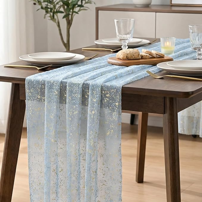 Artoid Mode 6PC Gold Gauze Light Blue Table Runner 120 Inch 10FT, Glitter Metallic Foil Sheer Dining Wedding Anniversary Holiday Birthday Table Decor for Home Party