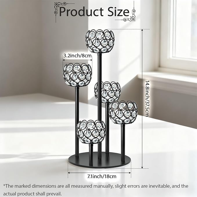 5-Arm Crystal Tealight Candelabra Centerpiece, 14.8 Inch Metal Candle Holder for Table Decor, Wedding, Christmas, Party, Anniversary & Home Decoration (2, Black, S-14.8 in)