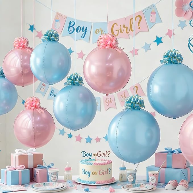 6 Pack Pink and Blue 4D Orb Balloons - 22 Inch Large Metallic Sphere Mylar Balloons with Pull Bows, Hanging Ceiling Decorations for Gender Reveal, Baby Shower & Baby Birthday Party