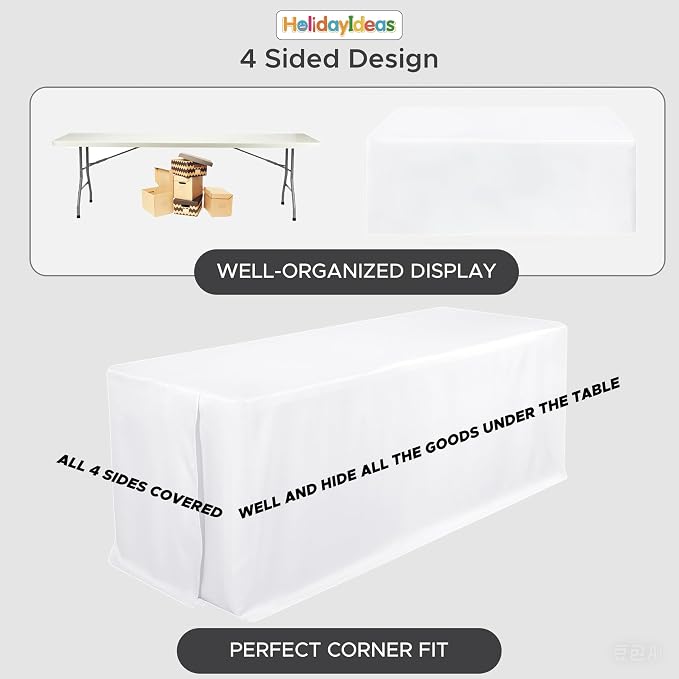 HolidayIdeas 4-Pack 6ft White Rectangle Craft Shows Fitted Tablecloth | Wrinkle resistant table covers; bulk quantity pack for professional trade exhibition displays or vendor booths