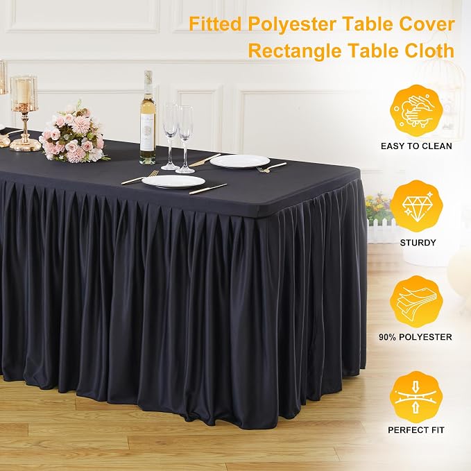 Wish Care 4 Pack Black Rectangle Table Clothes for 6 Foot Tables, Polyester Fitted Tablecloths 6ft Stretch Table Cover for Wedding, Birthday, Parties, Trade Show, Craft Show