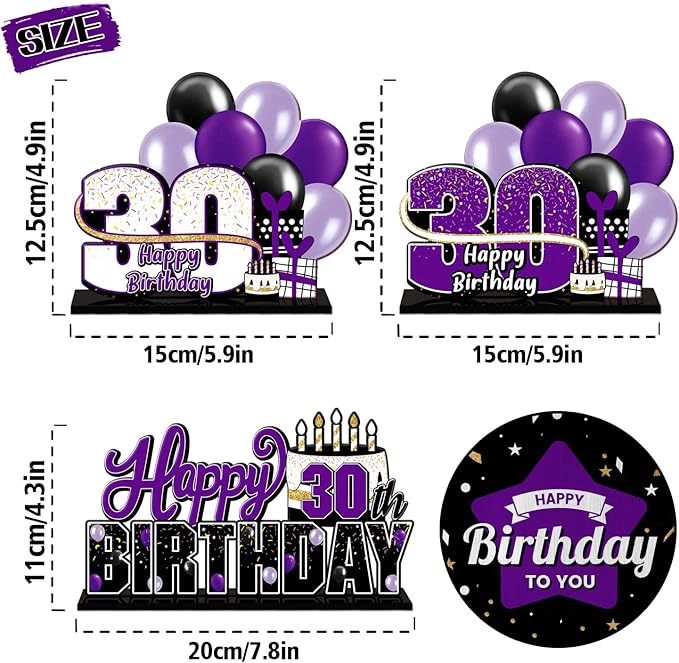 LINGTEER Happy 30th Birthday Purple Acrylic Table Topper Centerpieces Set - Cheers to Thirty Years Old Birthday 30th Bday Party Gift Decorations.