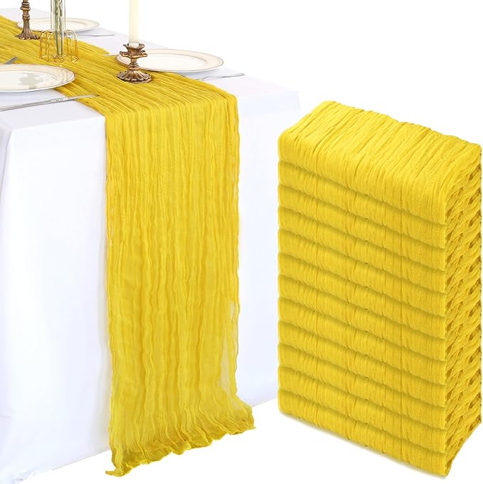12 Pack 10FT Lemon Yellow Cheesecloth Table Runner 120 Inch Long Gauze Rustic Boho Spring Cheese Cloth Table Runner Sheer Fabric Decorations for Holiday Party Wedding Banquet Bridal Baby Shower Décor