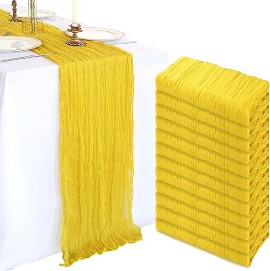 12 Pack 10FT Lemon Yellow Cheesecloth Table Runner 120 Inch Long Gauze Rustic Boho Spring Cheese Cloth Table Runner Sheer Fabric Decorations for Holiday Party Wedding Banquet Bridal Baby Shower Décor