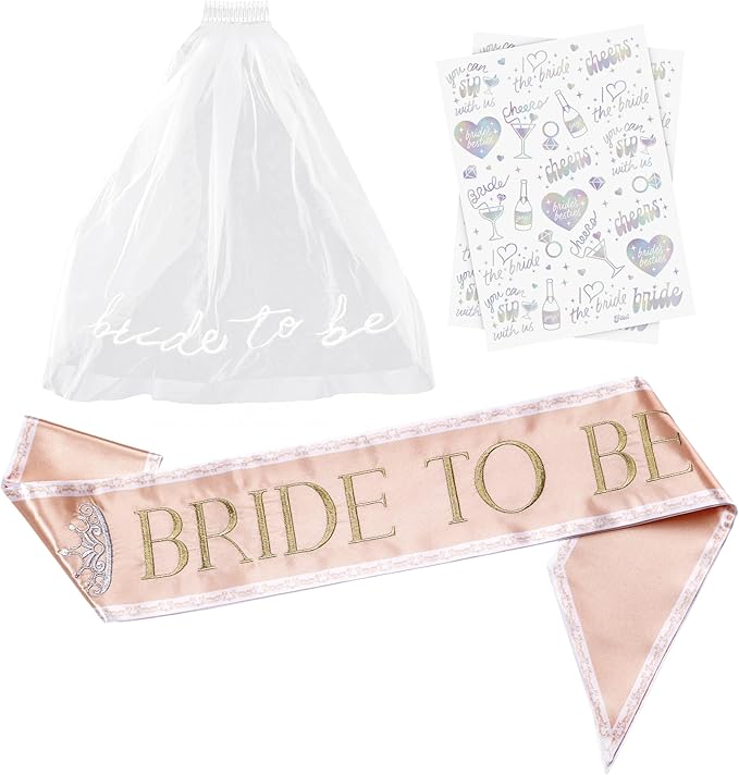 Luxury Bride to Be Sash Set – Embroidered Sash with Colored Trim, Embroidered Veil & Temporary Tattoos – Bridal Shower Hen Night Bachelorette Party Accessories