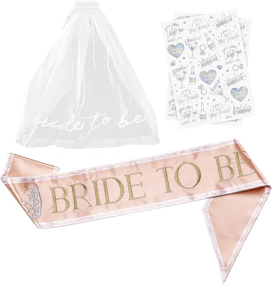 Luxury Bride to Be Sash Set – Embroidered Sash with Colored Trim, Embroidered Veil & Temporary Tattoos – Bridal Shower Hen Night Bachelorette Party Accessories