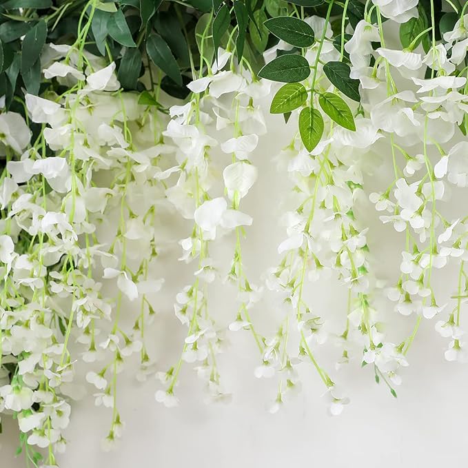 JUSTOYOU 3PCS 7FT 12 Stem Artificial Wisteria Vine Garland Fake Flower Wisteria Garlands for Outdoor Indoor Wedding Wall Bedroom Decoration(White)