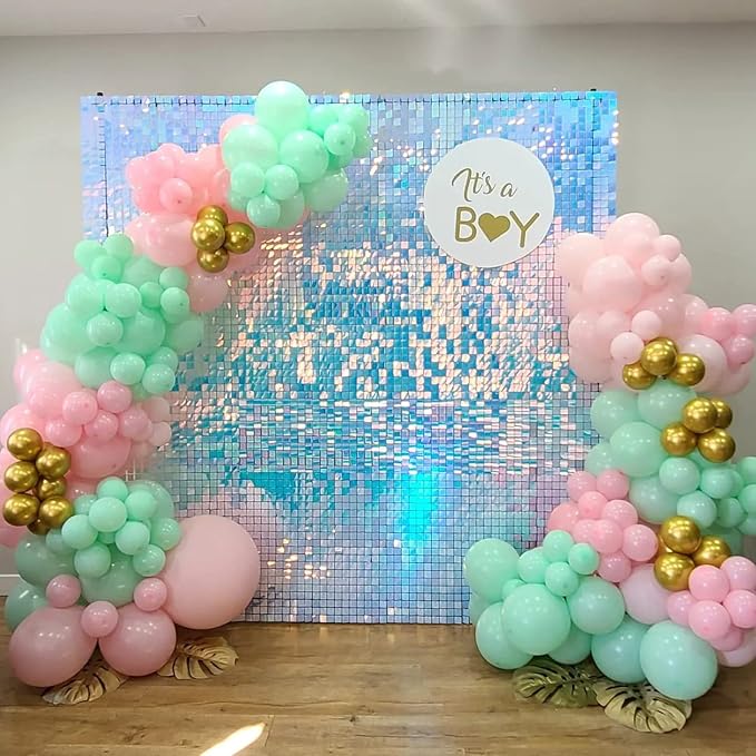 COKAOBE Iridescent Blue Shimmer Wall Backdrop, 24PCS Square Sequin Shimmer Backdrop Panel, Photo Backdrops for Birthday, Anniversary, Wedding, Graduation & Bachelorette Party Decoration