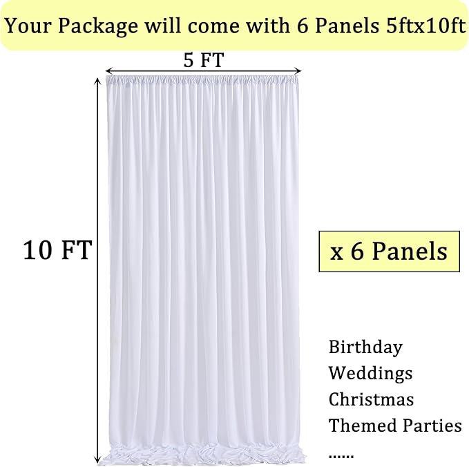 30 ft x 10 ft Wrinkle Free White Backdrop Curtain for Parties, Polyester Photo Backdrop Drapes 6 Panels 5x10ft Curtains for Weddings Birthday Party Photography Background Baby Shower