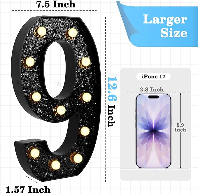 12.6 Inch LED Black Marquee Light Up Numbers, 9th Birthday Decorations Number Lights as Gifts for Girls Boys, Glitter Lighted Marquee Numbers for Black Anniversary Party Table Decor, 9