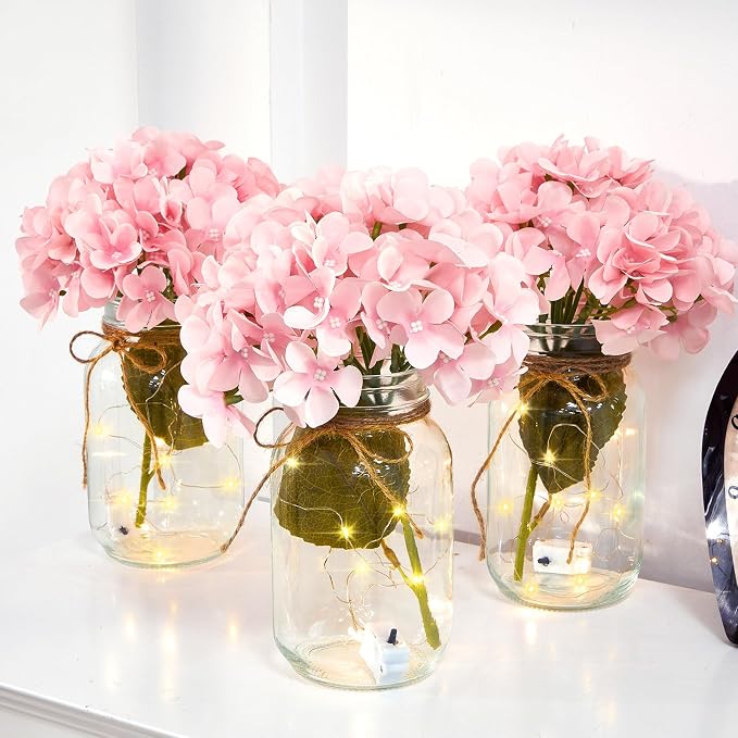 4 Sets Mason Jar Centerpiece with LED Lights and Pink Hydrangea Fake Flowers Vase for Wedding Bridal Shower Party Coffee Table Decor