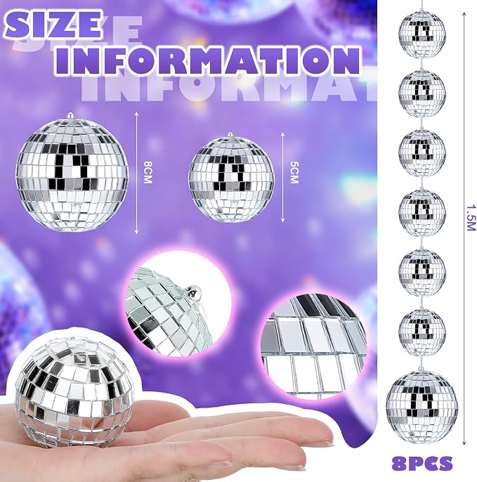 Sumind 8 Pack Disco Party Decorations Mini Disco Ball Garlands Silver Mirror Ball Hanging Banner Silver Streamer Curtains for Birthday Wedding Christmas Party Backdrop Supplies(2 Inch, 3 Inch)