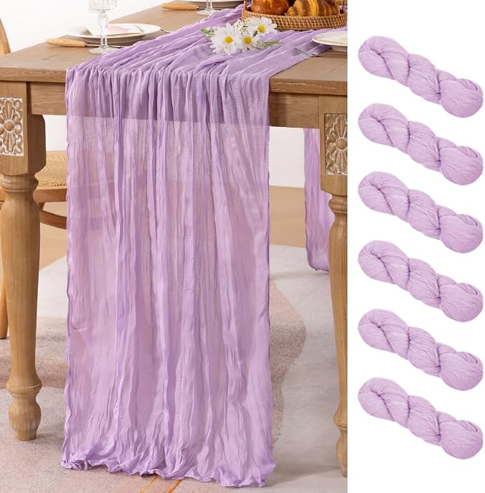 MLMC 6 Pack Lilac Purple Table Runner 10ft Lavender Cheesecloth Table Runner Rustic Gauze Cheese Cloth Summer Centerpiece Decor 65x120 Inches for Bridal Shower Birthday Wedding Decor