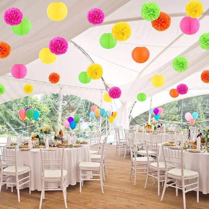 zilue Glow in the Dark Party Supplies, Paper Lanterns and Pom Poms Flowers for Birthday Party Baby Shower Wedding Shower Decor Pack of 15 Pieces