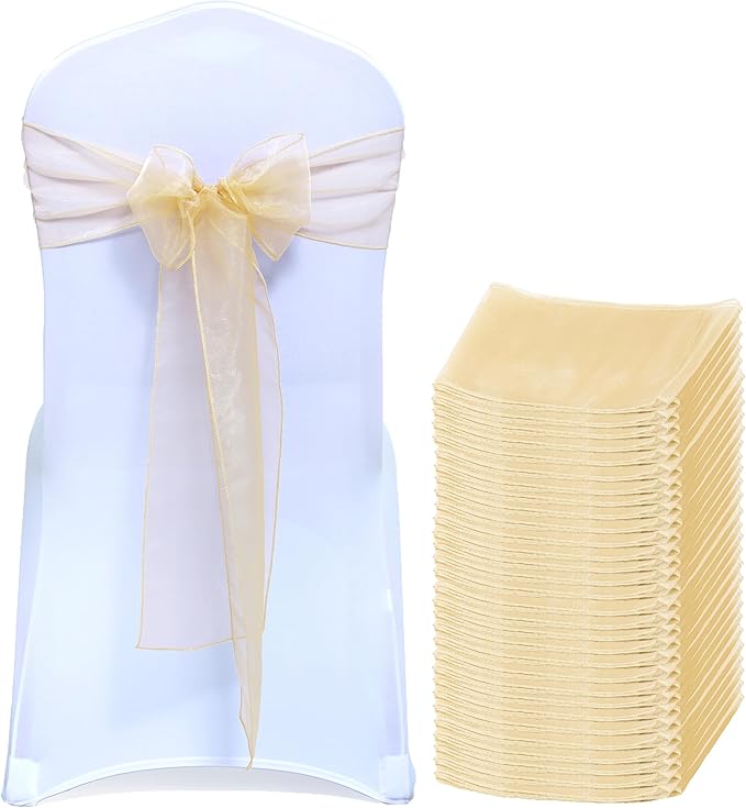 MDS® Pack of 50 Organza Chair Sashes for Wedding Decoration, Reusable Sheer Chair Bows for Banquet Chair Cover, Reception, Bridal Shower, Baby Shower, Birthday Party & Special Events - Beige
