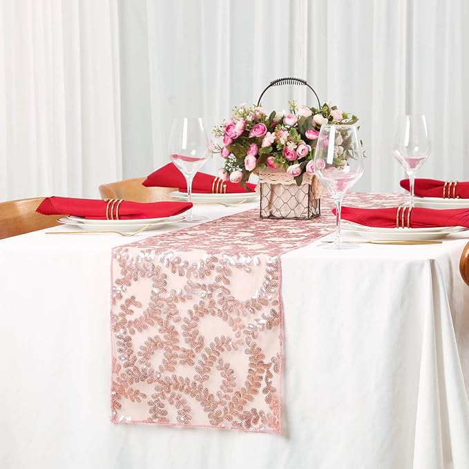 10 Packs 12x108 Inch Sequin Table Runner Rose Gold Flower Table Runners Glitter Table Runners for Banquet Wedding Table Decoration Sparkly Table Overlay