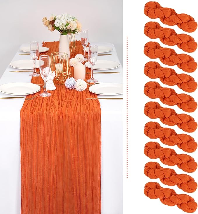 10 Pack Fall Halloween Table Runner 10FT Orange Cheesecloth Table Runner 35 x 120 Inch Long Semi-Sheer Gauze Fabric Boho or Rustic Wedding Table Decor for Bridal Shower Baby Shower Holiday Party