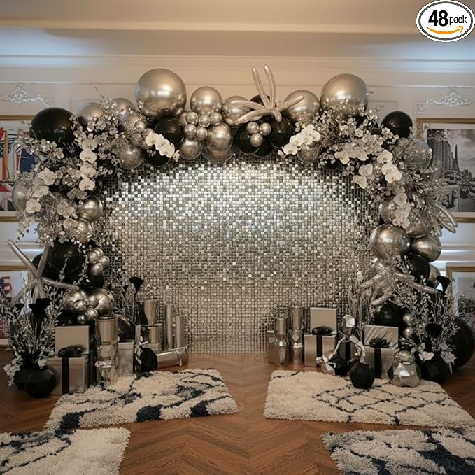 Silver Shimmer Wall Backdrop 48 Panels Cover 8 x 6 Ft, Photo Backdrops for Wedding,Anniversary,Birthday,Party Decoration