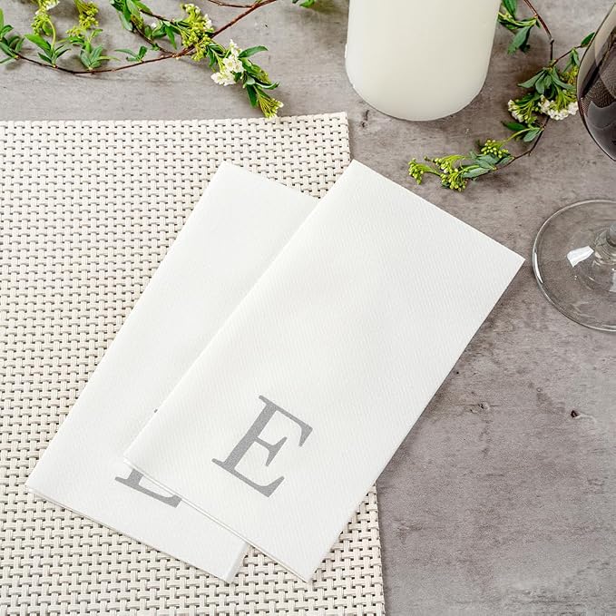 Luxenap 15.8 X 7.9 Inch Linen-Feel Guest Towels, 50 Lettered Hand Towels - Silver Letter 'E', Sans Serif Font, White Paper Dinner Napkins, airlaid, For Restrooms And Tables - Restaurantware
