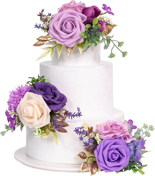 TINGE TIME 3Pcs Pre-made Cake Toppers, Silk Artificial Flowers Decor, Cake Decorations for Weddings, Birthdays, Party,Baby Shower,Celebration (Purple)