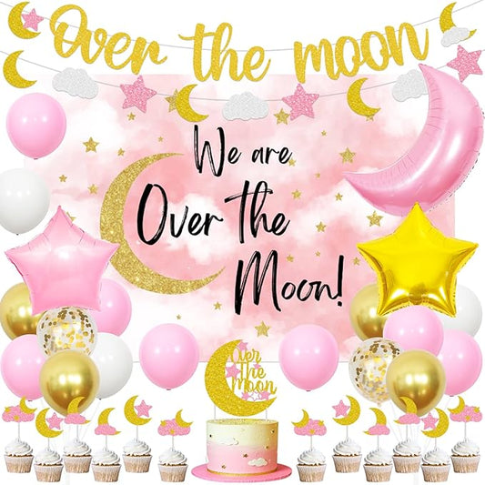We Are Over The Moon Baby Shower Decorations for Girls, Pink Gold Balloon Moon Stars Backdrop, Outer Space Pregnancy Celebration Party Supplies