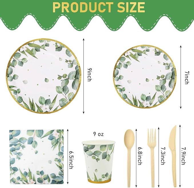 350 Pcs Sage Green Party Plates and Cups Sets,Disposable Paper Plates Cups Napkins Party Supplies,Eucalyptus Plates Dinnerware for Boho Bridal Shower/Baby Shower Theme,Serves 50