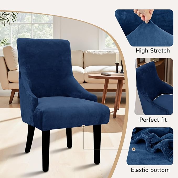Velvet Wingback Dining Chair Cover Soft Stretch Accent Chair Cover Slipcover Thick Plush Wing Back Chairs Covers Furniture Protect Washable Chairs Protector Covers for Dining Room (Deep Blue, 4)