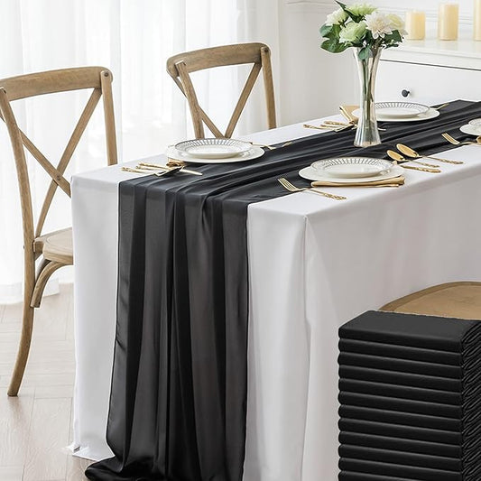 12 Pack Chiffon Table Runner 14x108 Inch Long 9ft Sheer Table Runners for Party Romantic Wedding Bridal Shower Fall Decorations-Black