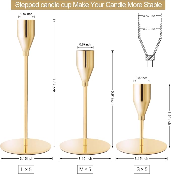 French Gold Taper Candle Holders for Wedding Table Centerpiece,Tall Taper Candlestick Holders Bulk Set of 15,Metal Candle Stick Holders for Dinning or Mantel Centerpiece,Party Home Decor