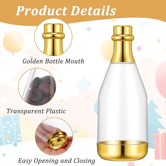 50 Pcs Mini Champagne Bottles, Gold Plastic DIY Small Champagne Candy Bottles Bulk with Gift Tags Gold Strings and 65 ft Rope, Mini Bottle Containers for Wedding Party Favor Baby Shower Birthday