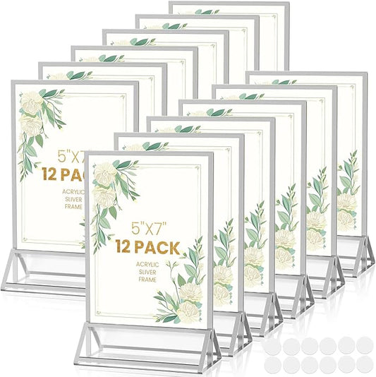 5X7 Sliver Frames Acrylic Sign Holder Double-Sided Silver Picture Frame 5x7 for Menu Holder Wedding Table Number Holder Christmas Photo Frames with Removable Sticky Dots -12 Pack