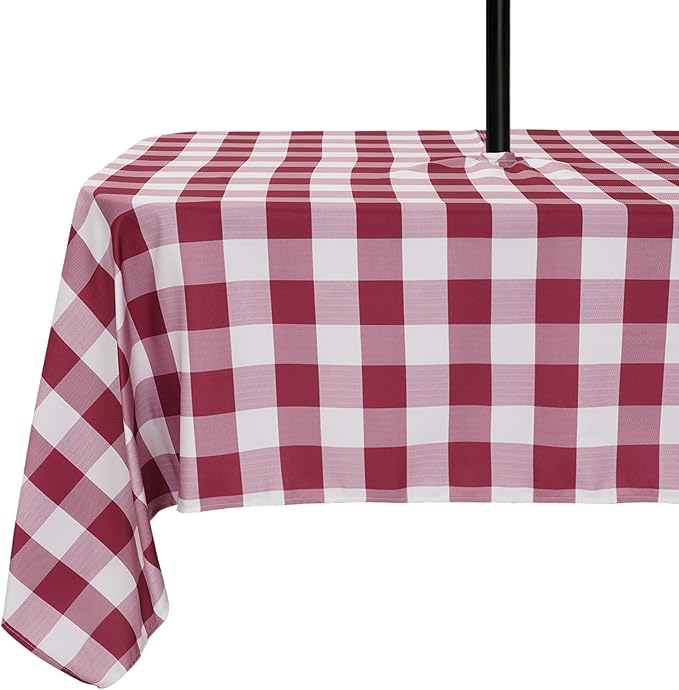 Poise3EHome Rectangle Outdoor Tablecloth with Umbrella Hole and Zipper,Burgundy Gingham 84x60 Inch,SpillProof Washable Table Cloth for Spring Summer Patio Garden Poolside Picnic Camping BBQS