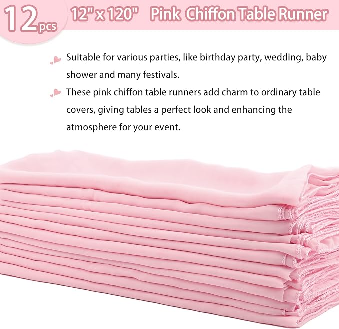Fivenl 12 Packs Chiffon Table Runner - Pink, Sheer, Romantic for Wedding, Birthday, Party & Baby Shower Decoration (12" x 120")