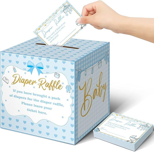 Teling 51 Pieces Diaper Raffle Tickets with Card Box Baby Shower Decorations Baby Shower Holder Box for Girl Boy Diaper Raffle Party(Blue)