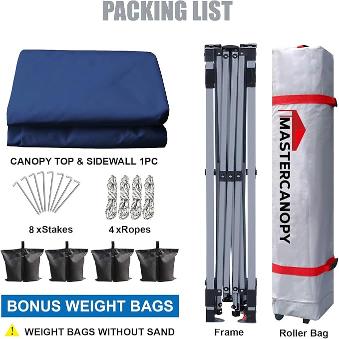 MASTERCANOPY 10x10 Pop Up Canopy Tent with 1 Sidewall, 1 Person Setup Instant Shelter, Outdoor Portable Beach Canopy, 1 Roller Bag, 4 Sandbags, 4 Ropes, 8 Stakes (10x10, Navy Blue)