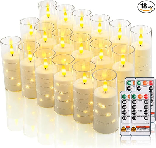 Raycare Flameless Candle with Remote Timer, 18 Flickering Acrylic Battery Operated LED Pillar Candles with Embedded Star String for Home Decor(Ivory)