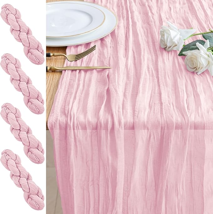 4PCS Table Runner Cheesecloth 10FT Blushing Pink Boho Gauze Cheese Cloth Rustic Sheer Table Runners for Wedding Bridal Baby Shower Party Decoration