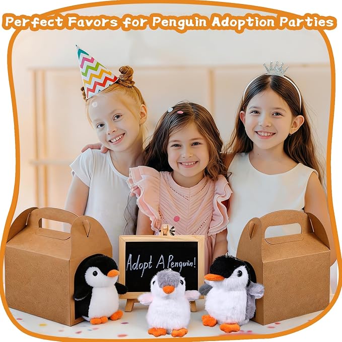 Adopt A Penguin Party Favors Mini Plush Stuffed Animals Set with 12 Plush Penguin Mini Fence Blackboard Kraft Paper Box for Adopt An Animal Themed Birthday Party