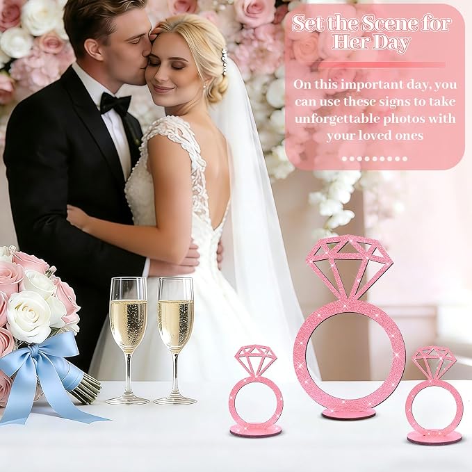 3 PCS Bridal Shower Centerpieces for Tables Diamond Ring Sign Table Centerpieces Pink Glitter Wooden Diamond Ring Sign Decor for Wedding Anniversary Supplies Batcholette Engagement Party