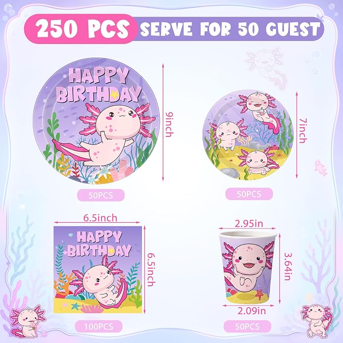 Pickmesh 250 Pcs Axolotl Birthday Disposable Tableware Set Reptile Animals Plates Napkins Cups Cutlery Purple Pink Cartoon Axolotl Birthday Party Supplies Favors for Baby Shower, Serve 50 Guest