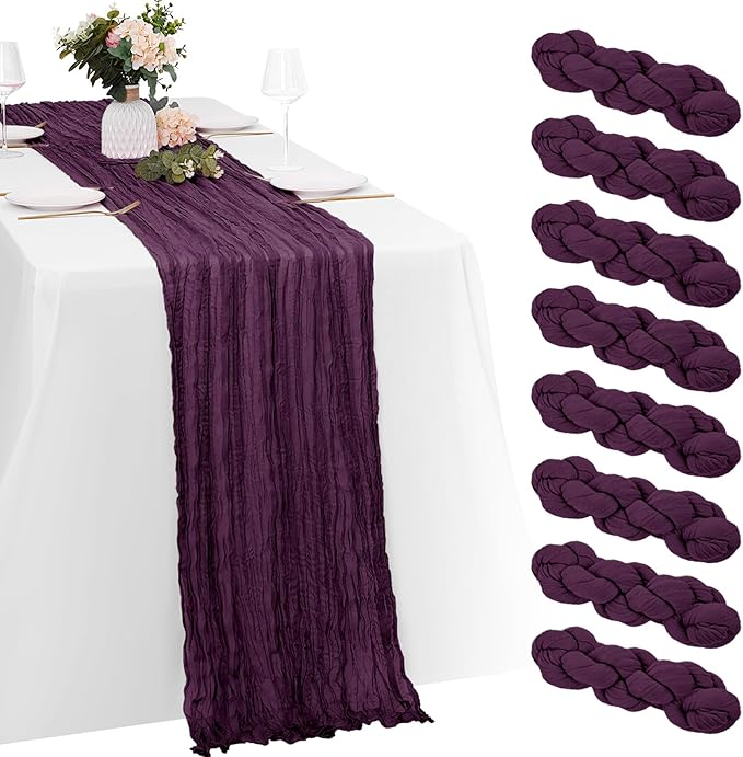 8 Pack Dark Purple Cheesecloth Table Runners 20x120 Inch Gauze Table Runner 10FT Easter Cheese Cloth Table Runner Rustic Sheer Runner for Wedding Baby Shower Birthday Party Table Decor