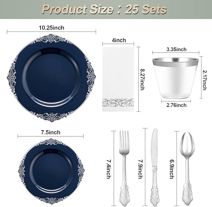 Bestluck 175PCS Navy Blue Plastic Plates for 25 Guests, Disposable Plates with Silver Trim include 25 Dinner and Dessert Plates, 75 Gold Silverware, 25 Cups, 25 Napkins for Party, Wedding & Graduation
