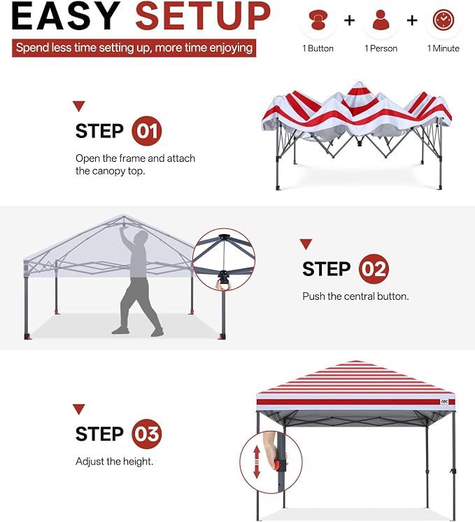 ABCCANOPY 10x10 Pop Up Canopy Tent, Easy Setup Instant Shelter with Wheeled Bag, Heavy Duty Outdoor Canopy for Beach, Market, Backyard, UV Protection, Outdoor Weather Protection (Red Stripes, 10x10)