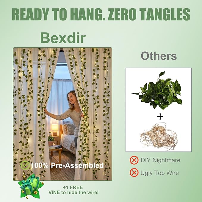 Bexdir 200 LED Curtain Vine Lights for Bedroom Decoration, 6.6x6.6ft Pre-Assembled Hanging Fake Vines with Fairy Lights USB Powered, Aesthetic Artificial Pothos Lights for Room Wall Decor