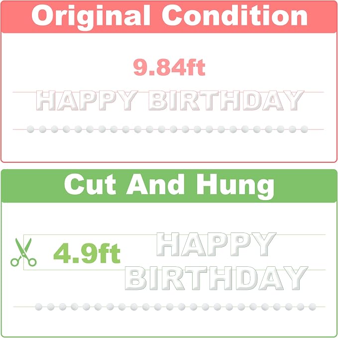 2 PCS Pre-Strung 3D Felt Happy Birthday Banner - White Theme Birthday Decorations Sign, Pom Pom Garland, Reusable Party Decor, Photo Prop（White）