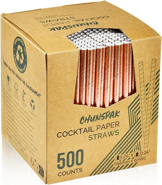 Rose Gold Paper Cocktail Straws, 5.75 inch, 500 counts, Disposable Short Small Drinking Straws for 8oz 10oz Cups