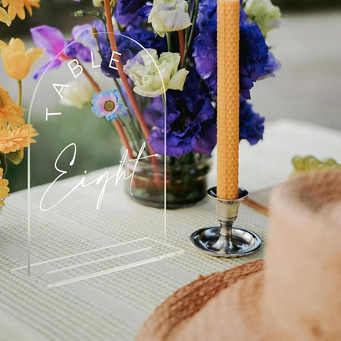 JINMURY Clear Acrylic Arch Table Numbers with Stands, 5x7 Inch Acrylic Arch Sign Table Numbers for Wedding (Clear White Font, 5x7 Inch Table Number 1-20)
